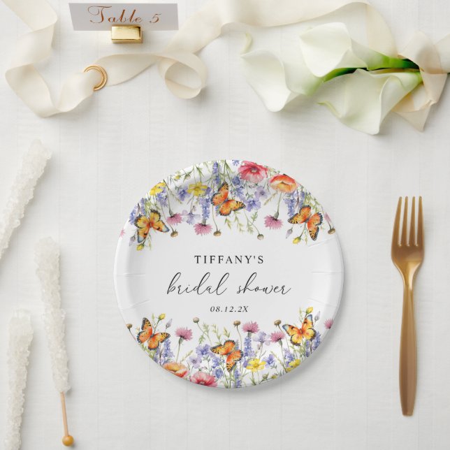 Cute Wildflowers Butterflies Floral Bridal Shower  Paper Plate (Wedding)