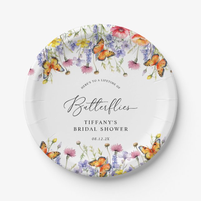 Cute Wildflowers Butterflies Floral Bridal Shower  Paper Plate (Front)