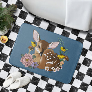 Cute Wildflowers Fawn Blue Baby Deer Woodland Bath Mat