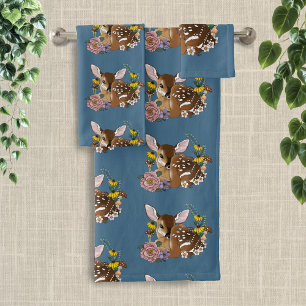 Cute Wildflowers Fawn Blue Baby Deer Woodland Bath Towel Set
