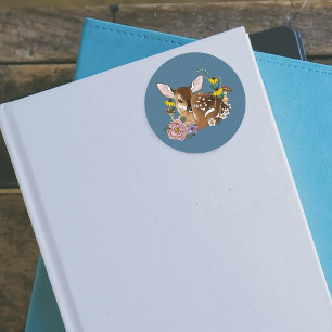 Cute Wildflowers Fawn Blue Baby Deer Woodland Classic Round Sticker