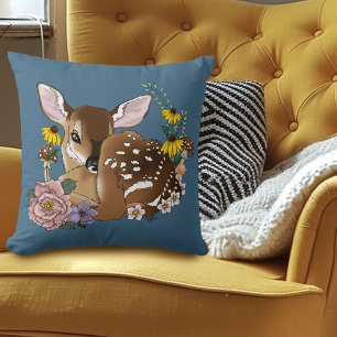 Cute Wildflowers Fawn Blue Baby Deer Woodland Cushion