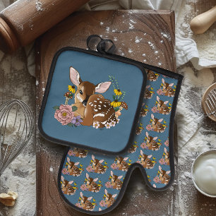 Cute Wildflowers Fawn Blue Baby Deer Woodland Oven Mitt & Pot Holder Set