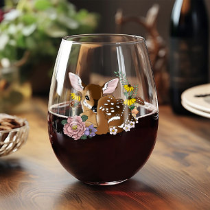 Cute Wildflowers Fawn Blue Baby Deer Woodland Stemless Wine Glass