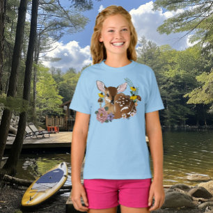 Cute Wildflowers Fawn Blue Baby Deer Woodland T-Shirt