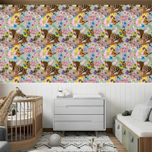 Cute Wildflowers Fawn Blue Baby Deer Woodland Wallpaper