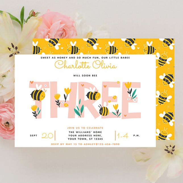Cute Will Soon Bee Three Girl Floral 3rd Birthday Invitation (3rd Birthday Invitation!)