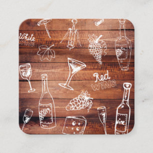 Cute Wine Illustrations and Wood Panel Rustic Square Business Card