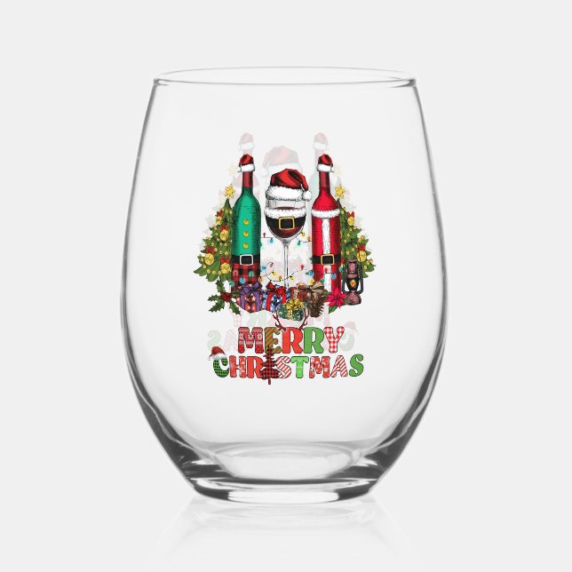 Cute Wine Lover/Merry Christmas Stemless Wine Glass (Front)