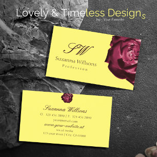 Cute Wine Red Rose Plain Yellow with Initials Business Card
