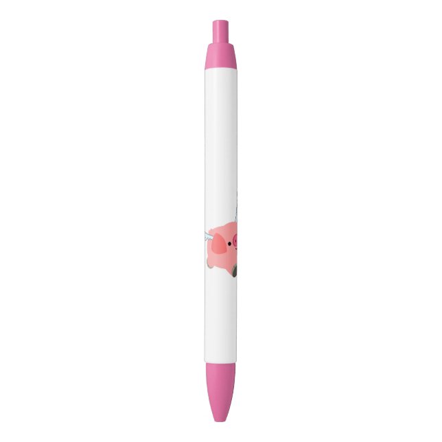 Cute Winged Cartoon Pig Black Ink Pen (Front Vertical)