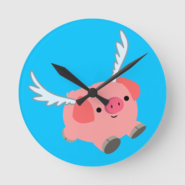 Cute Winged Cartoon Pig Round Clock (Front)