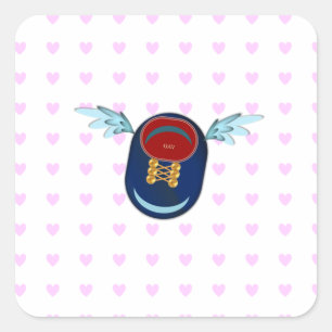 Cute winged shoe cartoon & pink hearts square sticker