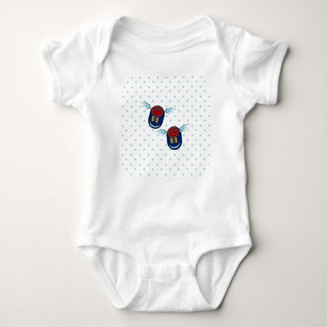 Cute winged shoes in blue red and stars baby bodysuit (Front)