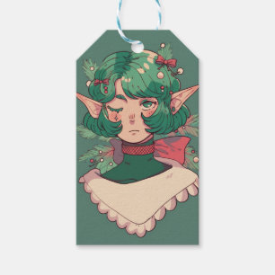 Cute Wink Christmas Holiday Season Elf Anime Girl Gift Tags