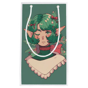 Cute Wink Christmas Holiday Season Elf Anime Girl Small Gift Bag