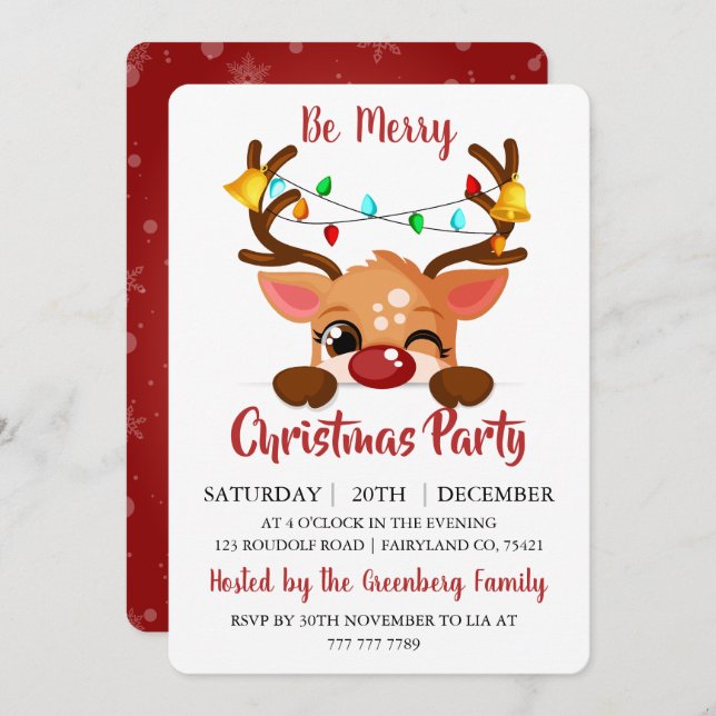 Cute Winking Reindeer Red Nose Christmas Party Invitation (Front/Back)
