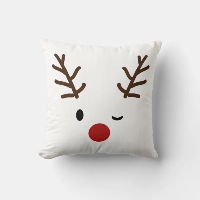 Cute Winking Rudolf Reindeer Christmas Decorative Cushion (Front)