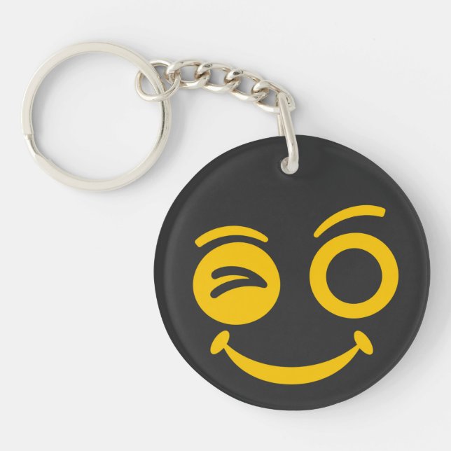 Cute Winking Smiley Face Black Keychain (Front)