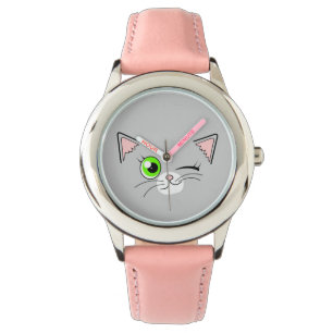 Cute Winking White Cat Cartoon Watch