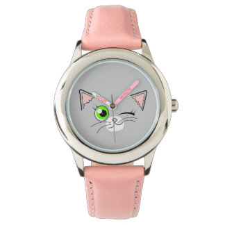 Cute Winking White Cat Cartoon Watch
