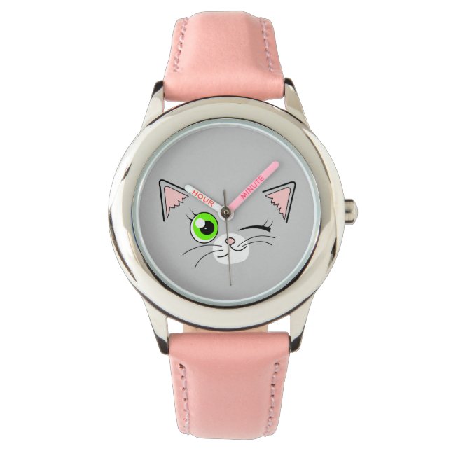 Cute Winking White Cat Cartoon Watch (Front)