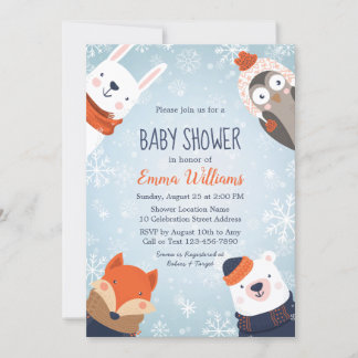 Cute Winter Animals Baby Shower Invitation - Blue