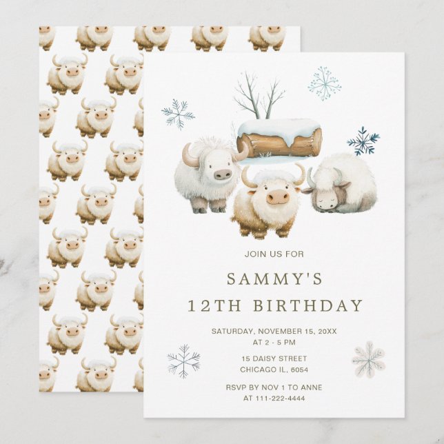 Cute Winter Arctic Cow Birthday Invitation (Front/Back)