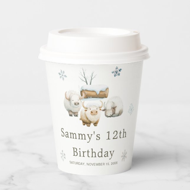 Cute Winter Arctic Cow Birthday Paper Cups (Front)