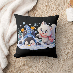 Cute Winter Arctic Fox and Penguin Playing in Snow Cushion