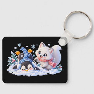 Cute Winter Arctic Fox and Penguin Playing in Snow Key Ring