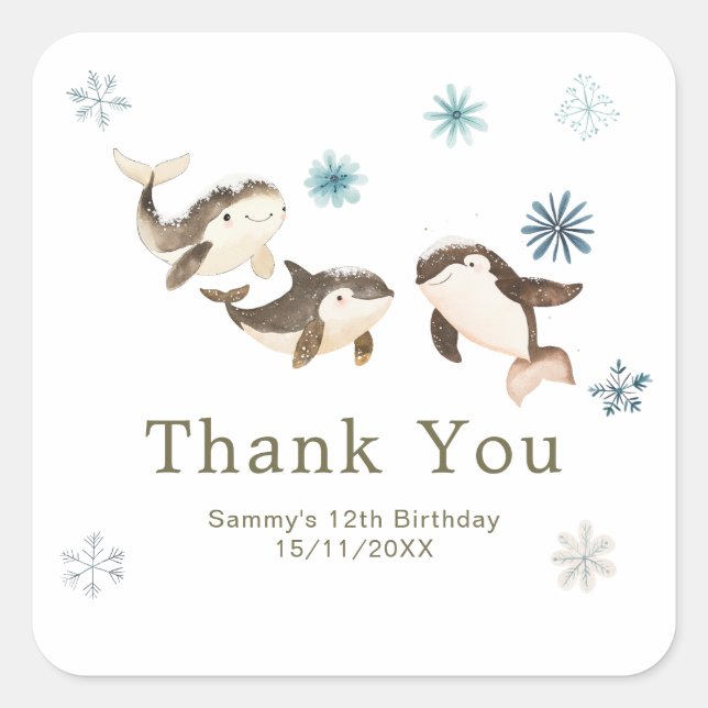 Cute Winter Arctic Whale Birthday Party Square Sticker (Front)