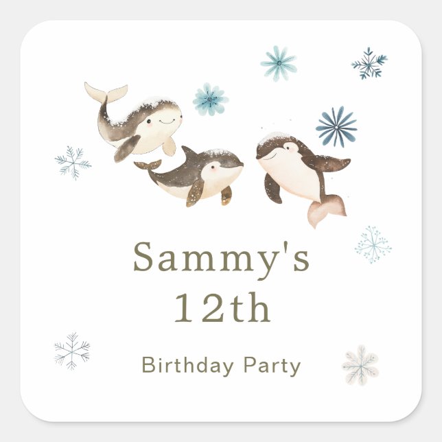 Cute Winter Arctic Whale Birthday Party Square Sticker (Front)