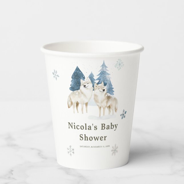 Cute Winter Arctic Wolf Baby Shower Paper Cups (Back)
