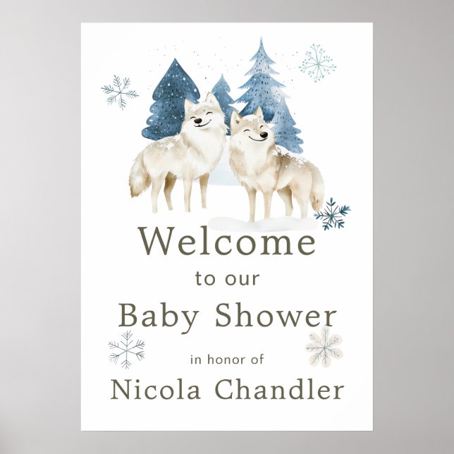 Cute Winter Arctic Wolf Baby Shower Poster (Front)