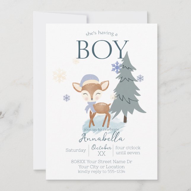 Cute Winter Baby Deer Boy Fawn Invitation (Front)