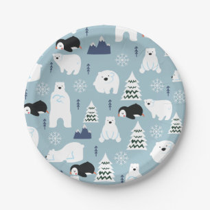 Cute Winter Bear and Penguin Pastel Blue Party Paper Plate
