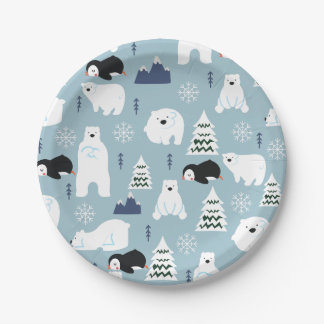 Cute Winter Bear and Penguin Pastel Blue Party Paper Plate