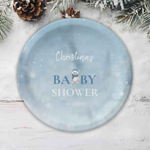 Cute Winter Bear Blue Baby Shower Paper Plate