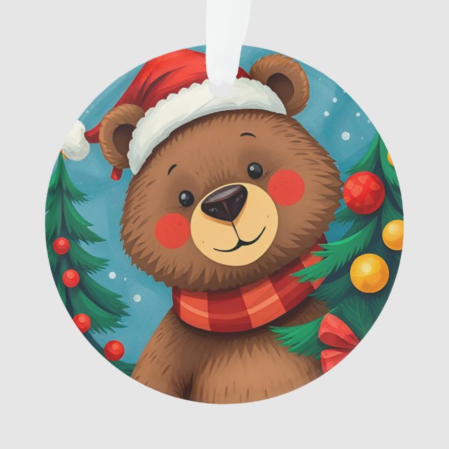 🎄 Cute Winter Bear Glow ❄️ Santa Hat Forest Ornament (Front)