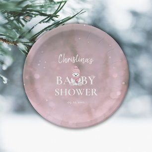 Cute Winter Bear Pink Baby Shower Paper Plate
