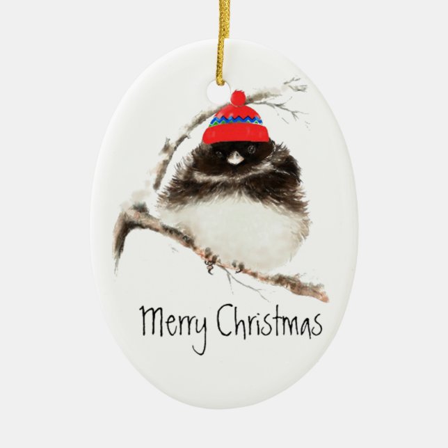 Cute Winter Bird in Hat, Christmas, Humour, Junco Ceramic Tree Decoration (Front)