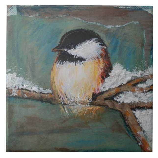 Cute Winter Black Capped Chickadee | Large Tile (Front)