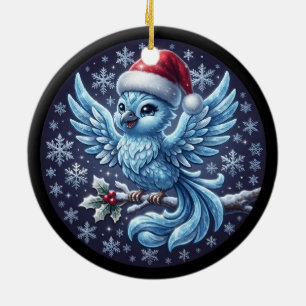 Cute Winter Blue Bird Christmas Santa Hat Ornament