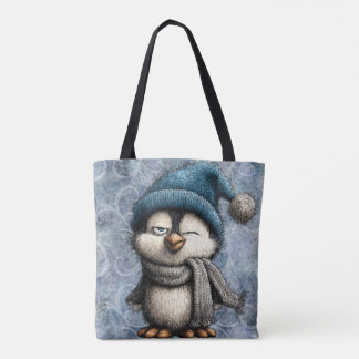Cute Winter Blue Penguin With Hat And Scarf Tote Bag