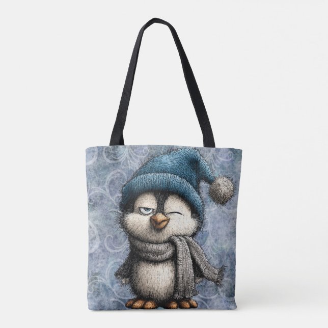 Cute Winter Blue Penguin With Hat And Scarf Tote Bag (Back)