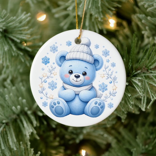 Cute Winter Blue Teddy Bear Ceramic Tree Decoration (Tree)
