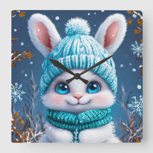 ❄️ Cute Winter Bunny Nursery Decor Gift 🐰 Square Wall Clock