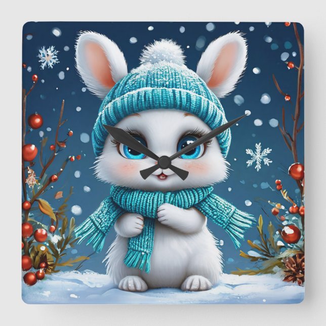 ❄️ Cute Winter Bunny Snowy Room Decor Gift 🐰 Square Wall Clock (Front)