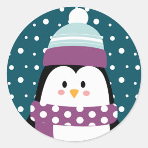 Cute Winter Cartoon Penguin Snowflake Classic Round Sticker